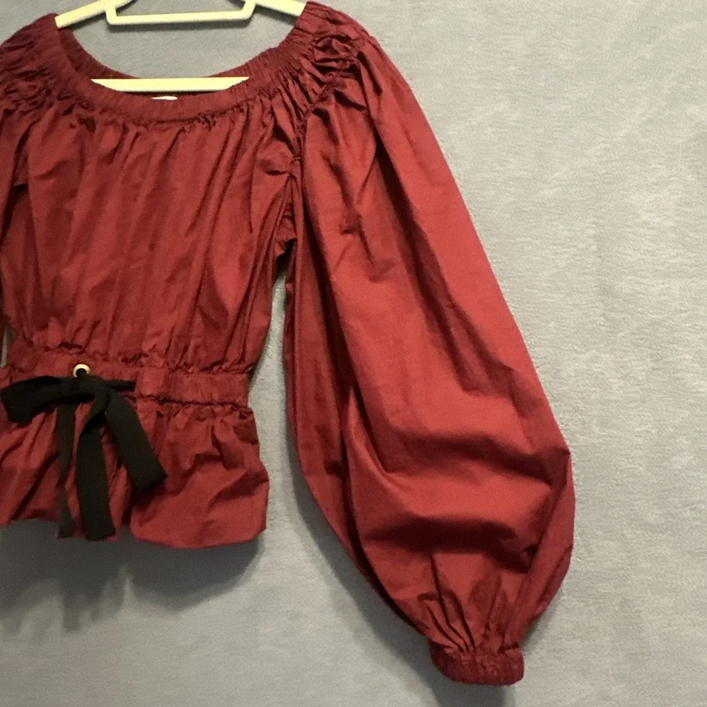Ulla Johnson Kira Off the Shoulder Poplin Peplum Top Size 2 Burgundy Peasant
